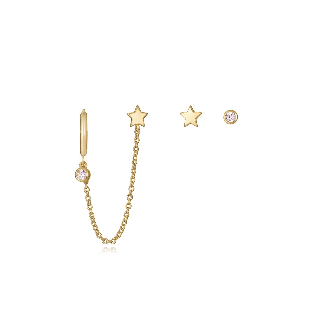 Gold star chain earrings with stud detail on white background, minimalist design
