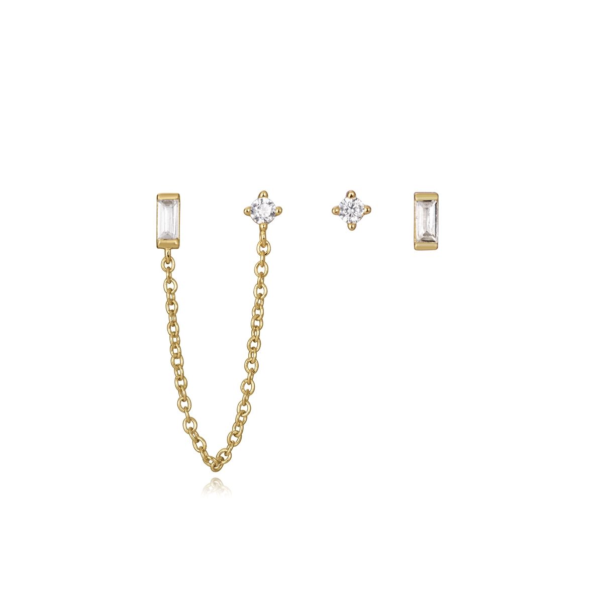 Gold chain and stud earrings set with cubic zirconia stones on white background.