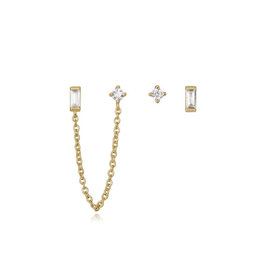 Gold chain and stud earrings with clear crystals, stylish accessory for women.