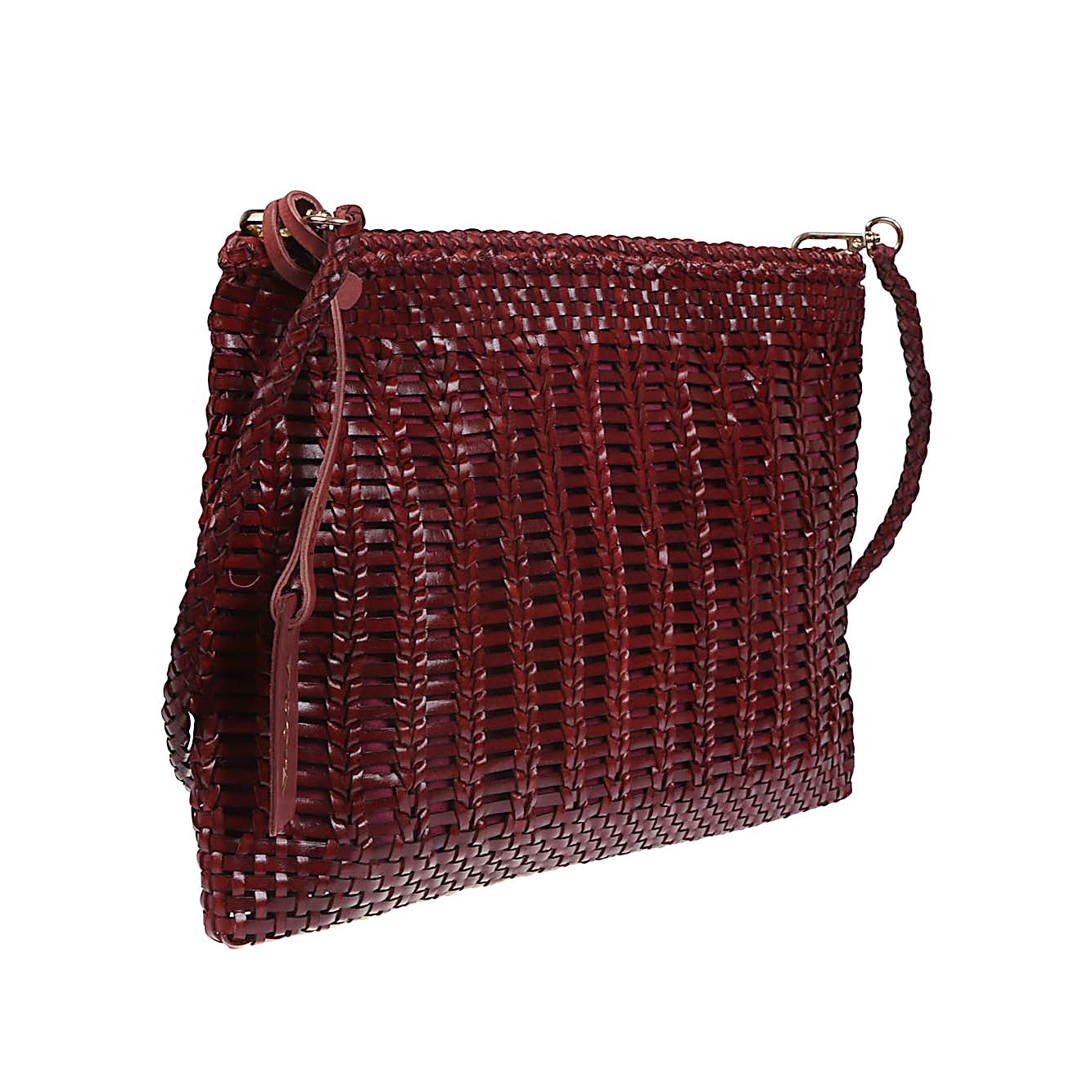 VIPERA Saba handbag in burgundy with woven pattern, leather shoulder strap, single compartment, internal pocket, and zip closure.
