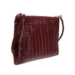 VIPERA Saba handbag in burgundy with woven pattern, leather shoulder strap, single compartment, internal pocket, and zip closure.