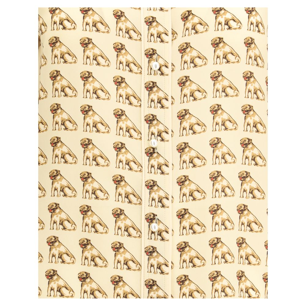 Valentino Beige Silk Pattern Shirt featuring Petit Charles print with pearl front closure, AW25 collection, 100% silk crepe de chine.