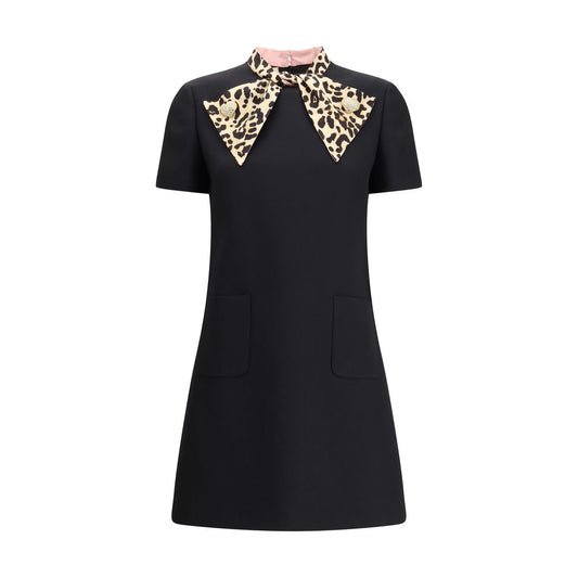 Valentino Black Fleece Wool Casual Dress with animal bow and heart-shaped jeweled buttons, fall winter fashion