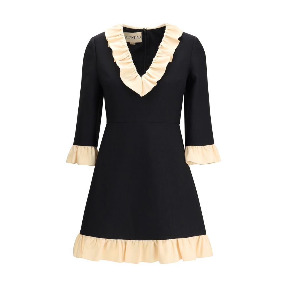 Valentino Black Fleece Wool Cocktail Dress with V-neckline and voile embellished sleeves for elegant evening wear.