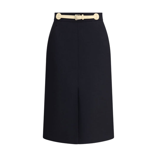 Valentino Black Fleece Wool Midi Skirt with leather belt and front slit, featuring back zipper and side welt pockets, sophisticated design.