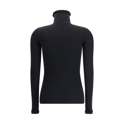 Back view of Valentino Black Fleece Wool Sweatshirt with ruffled collar and cuffs, showcasing slim fit and sophisticated design.
