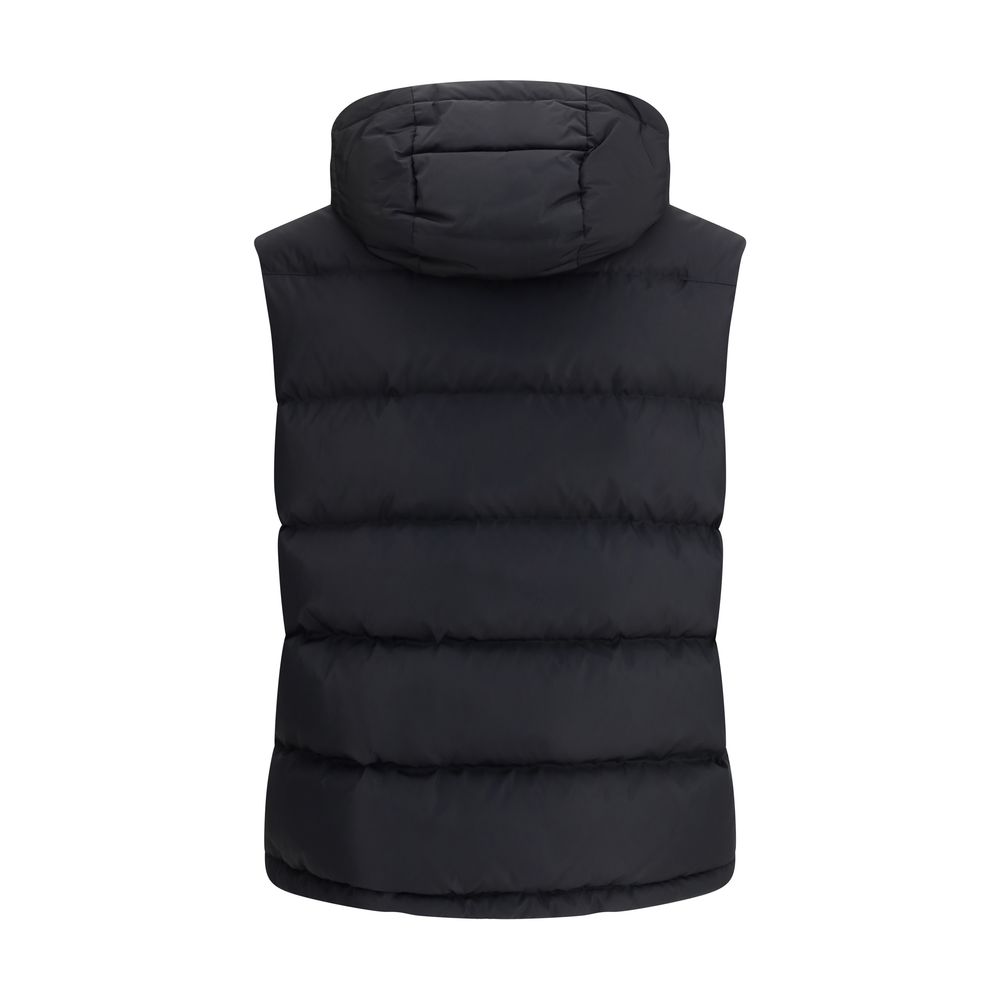 Back view of Valentino Black Goose Down Sleeveless Jacket with removable hood, featuring a quilted design and leather logo patch, AW25.