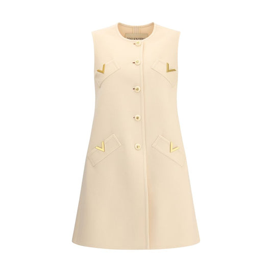 Valentino Cream Fleece Wool Clothing vest with gold V logo, front button closure, four welt pockets, made of virgin wool and cashmere blend.