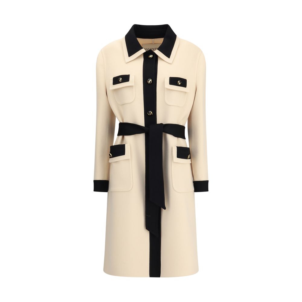 Valentino Cream Fleece Wool Coat with black fabric belt and contrasting details.