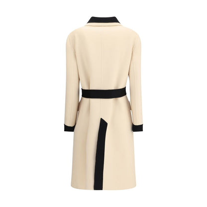 Back view of Valentino Cream Fleece Wool Coat with black belt, contrasting collar, cuffs, and hem, highlighting elegant tailoring.