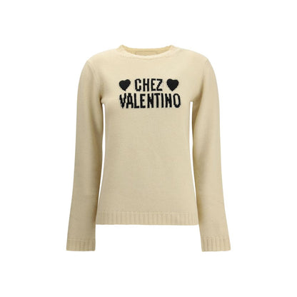Valentino Cream Fleece Wool Sweatshirt with embroidered hearts, classic and elegant design, ideal for an original Autumn-Winter look.
