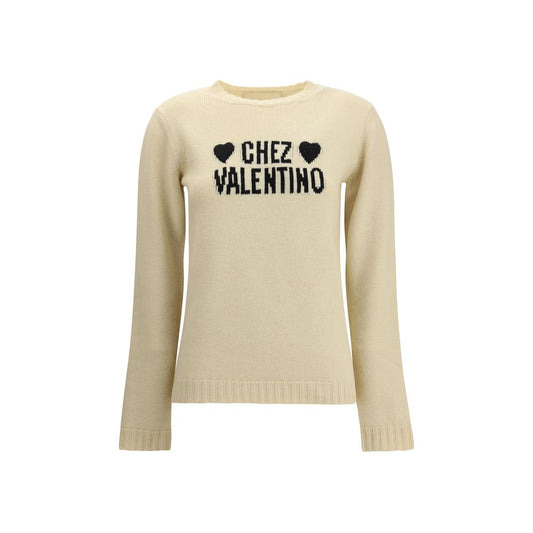 Valentino Cream Fleece Wool Sweatshirt with embroidered hearts, classic and elegant design, ideal for an original Autumn-Winter look.