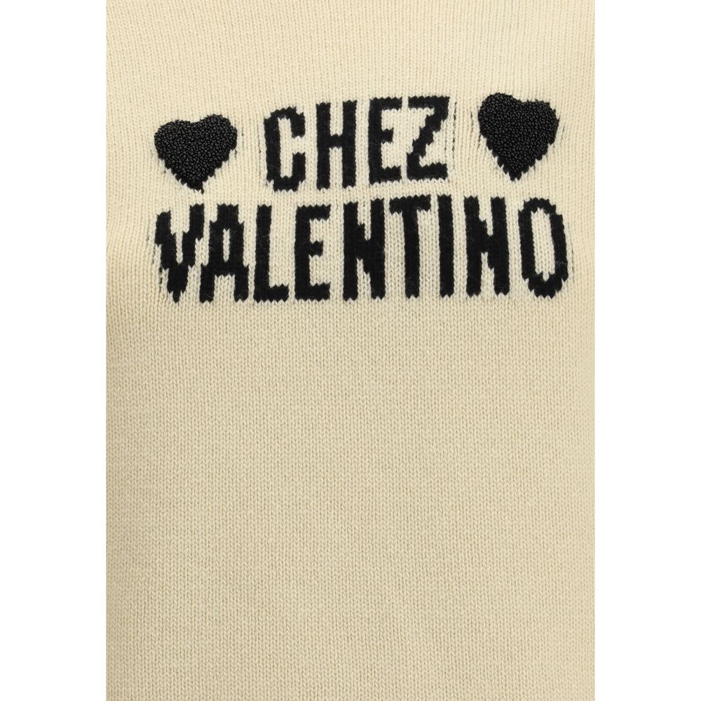 Valentino Cream Fleece Wool Sweatshirt with embroidered hearts and Chez Valentino text, showcasing its elegant and romantic design.