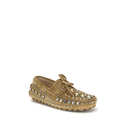 Valentino Garavani Beige Calf Leather Bos Taurus Slip-On Loafers with rhinestones and metal studs