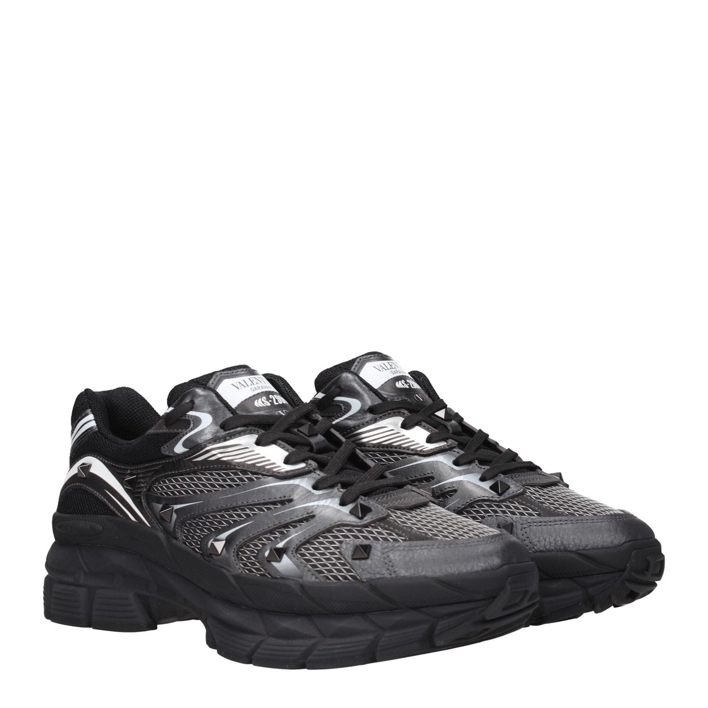Valentino Garavani Black Fabric Athletic Sneakers with studs, front and back logo, featuring lace-up closure and mid heels.