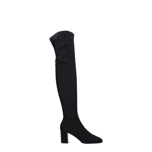 Side view of Valentino Garavani Black Fabric Over The Knee boots with leather sole, square toe, and mid heel.