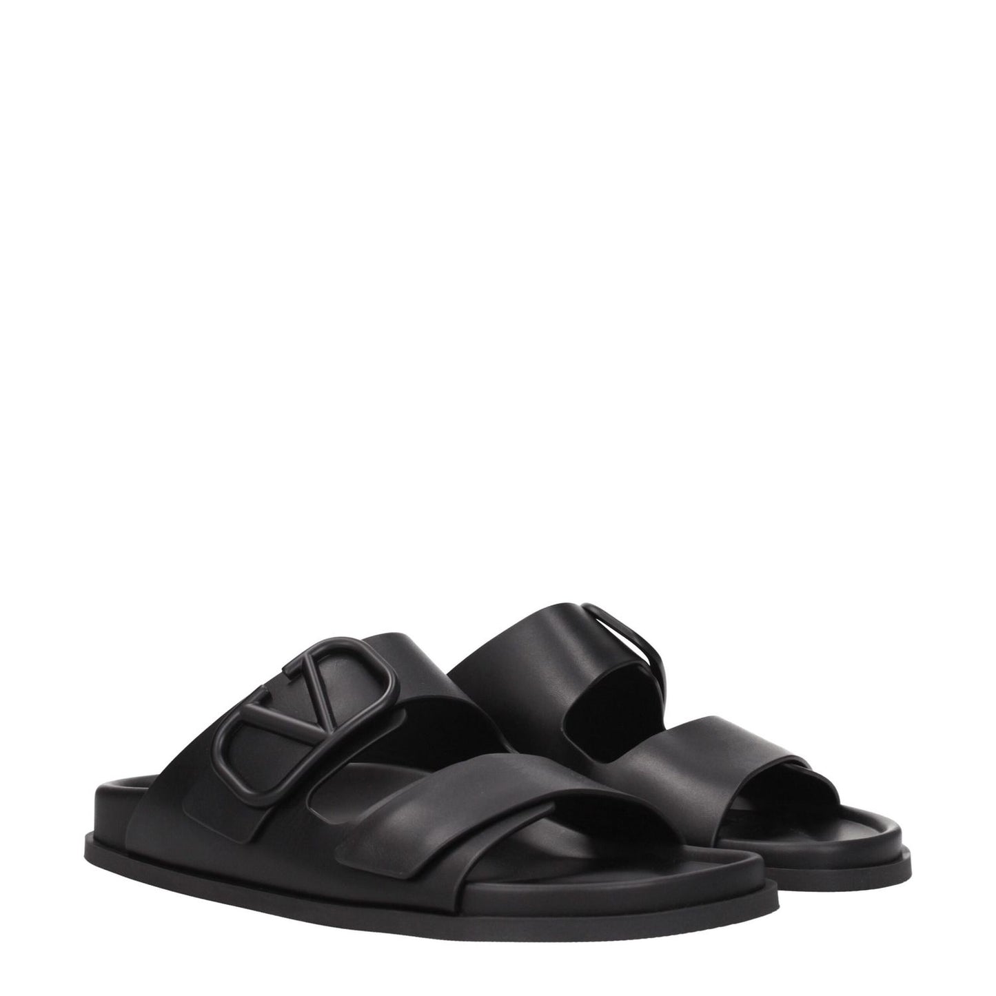 Valentino Garavani Black Leather Slippers with front logo, casual style, open toe, and rubber sole. MPN: S0G80UHE0NO.