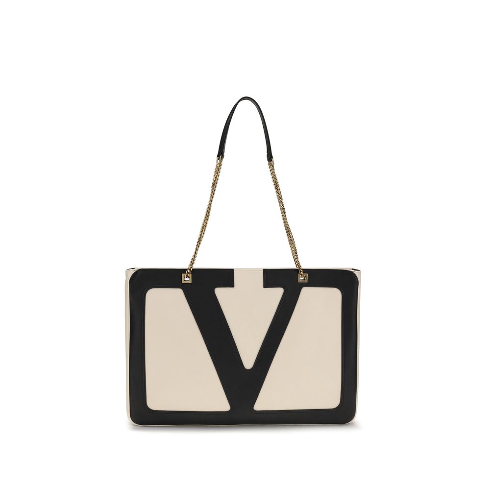 Alt Tag: Valentino Garavani Cream Lamb Ovis Aries Aries Shoulder Bag with maxi VLogo and antiqued gold finish chain strap.