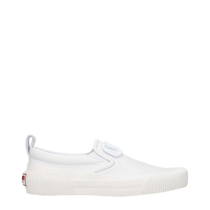 Valentino Garavani White Leather Slip-On Loafers with rubber sole and round toe, featuring front and back logos, casual low flat heel.