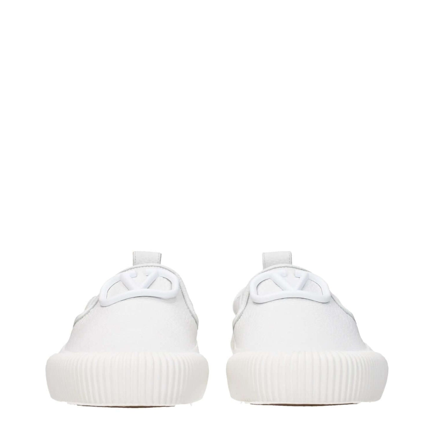 Valentino Garavani White Leather Slip-On Loafers with rubber sole, featuring front and back logos, round toe, low heel, casual style.