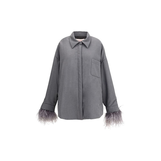 Valentino Gray Fleece Wool Clothing - Feather Jacket with pointed collar, snap-button closure, asymmetrical hem, and feather details.