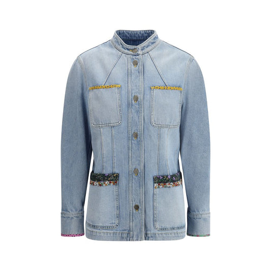 Valentino Light Blue Cotton Denim Jacket with floral embroidery, crew neck, front button closure, and patch pockets.