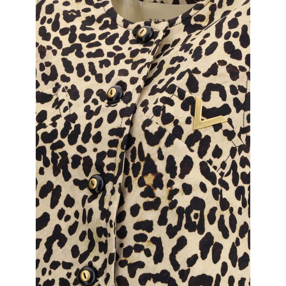 Valentino Multicolor Fleece Wool Sleveless Jacket with leopard print, gold V logo, crew neck, and front button closure, AW25 season.