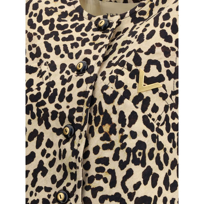 Valentino Multicolor Fleece Wool Sleveless Jacket with leopard print, gold V logo, crew neck, and front button closure, AW25 season.