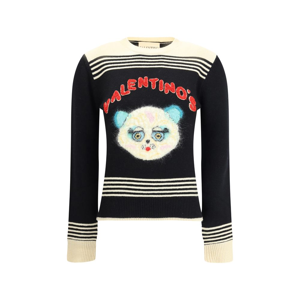 Valentino Multicolor Fleece Wool Sweatshirt with 'Le Chat de la Maison' embroidery on black background, ribbed cuffs and hem.