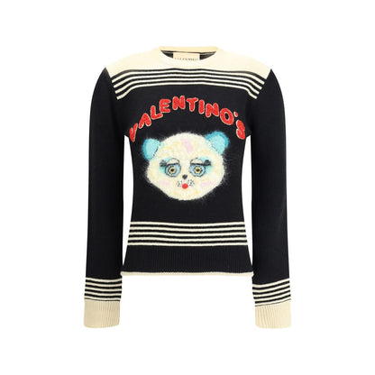 Valentino Multicolor Fleece Wool Sweatshirt with 'Le Chat de la Maison' embroidery on black background, ribbed cuffs and hem.