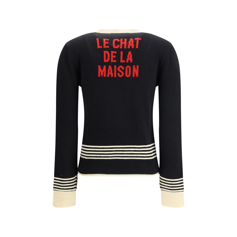 Back view of Valentino Multicolor Fleece Wool Sweatshirt with 'Le Chat de la Maison' embroidery in red, ribbed neck and cuffs.