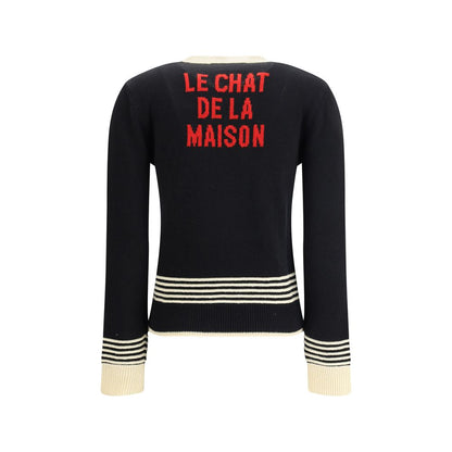 Back view of Valentino Multicolor Fleece Wool Sweatshirt with 'Le Chat de la Maison' embroidery in red, ribbed neck and cuffs.