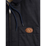 Valentino Nylon Hooded Jacket with VLogo Patch, navy with front zip, chest patch pocket featuring VLogo, classic design.