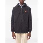 Valentino Nylon Hooded Jacket with VLogo Patch, navy blue zip-up with classic hood, chest patch pocket, and VLogo Signature emblem.