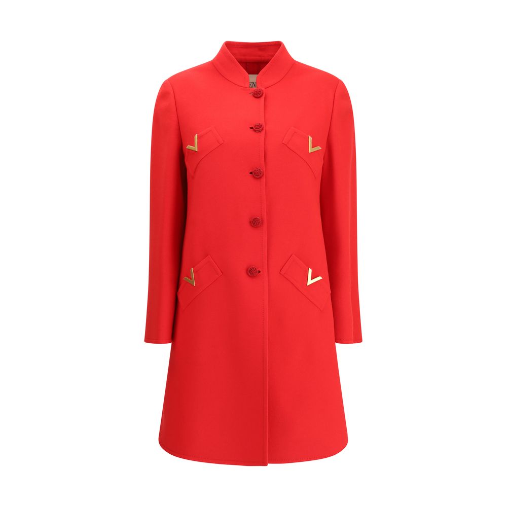 Alt Tag: Valentino Red Fleece Wool Coat with soutache buttons and golden VLogo pockets, showcasing tailored elegance and compact fabric structure.