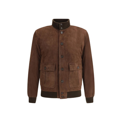 Valstar Brown Calf Leather Bos Taurus Bomber jacket featuring suede finish with button closure and two front flap pockets.