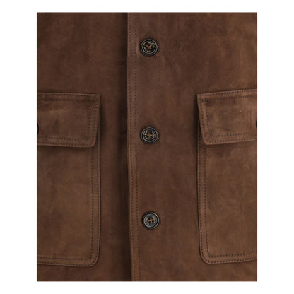 Close-up of Valstar Brown Calf Leather Bos Taurus Bomber features suede leather, button closure, flap pockets, high collar, ribbed cuffs.