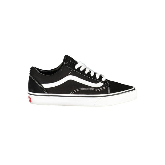 Vans Black Leather Women Sneaker - classic black Old Skool shoe with white stripe and sole, crafted for comfort and style.
