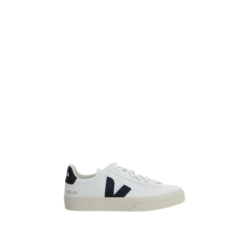 Veja White Calf Leather Bos Taurus Low Top Sneakers with black V logo, round toe, lace-up closure, and contrasting heel detail.