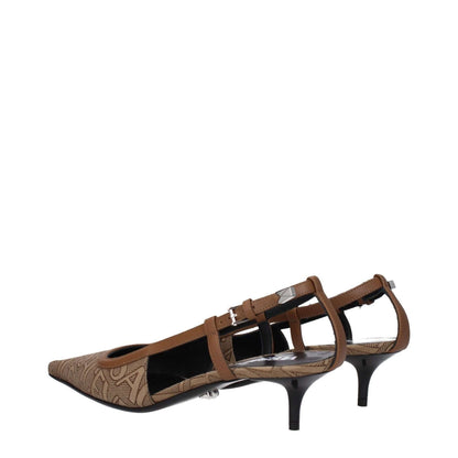 Versace Beige Fabric Mid Heel Pumps with pointy toe and buckle closure, featuring brown accents and leather sole, 7.5 cm heel.