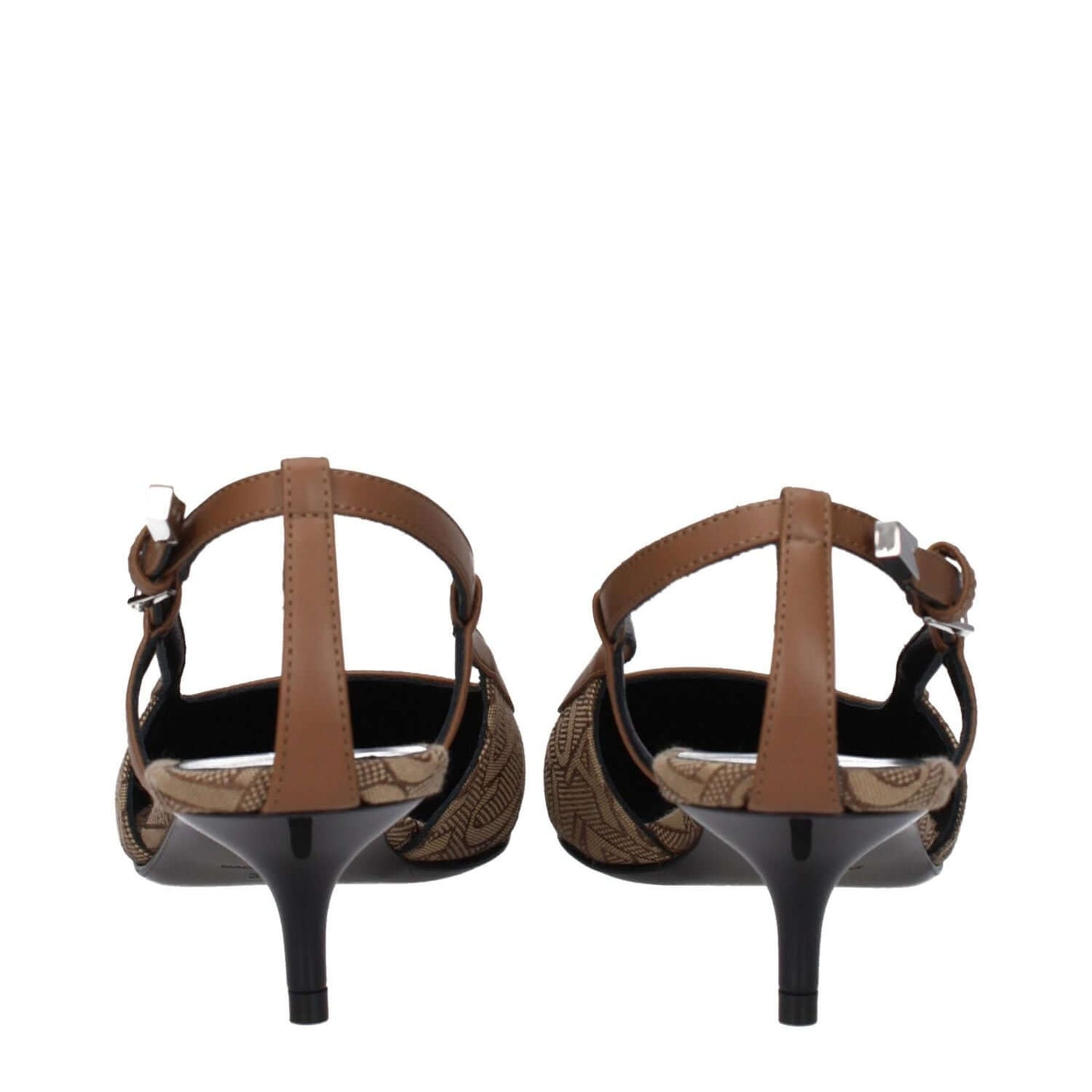 Versace Beige Fabric Mid Heel Pumps with brown buckle closure and leather sole, pointy toe design, 7.5 cm heel. Casual style sandals.