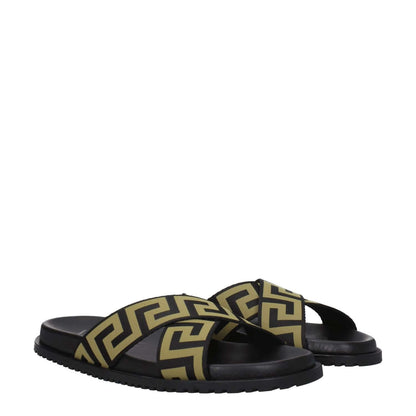 Versace Black Fabric Slippers with gold detailing, casual open toe design, rubber sole, MPN 10083181A059582B150, ideal for low, flat heel style.