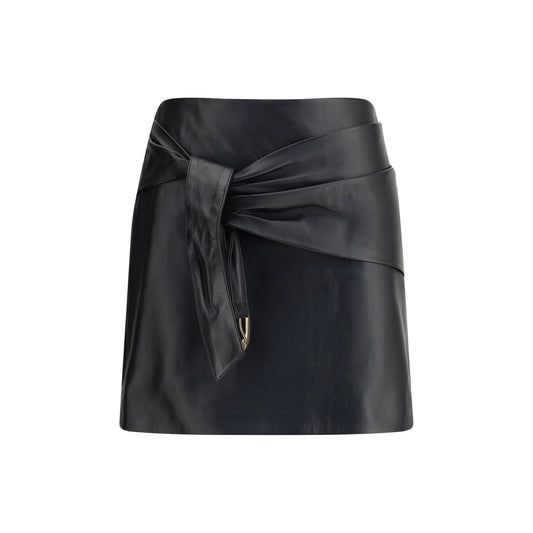 Versace Black Lamb Ovis Aries Aries Mini Skirt with decorative knot front, crafted from lambskin leather, perfect for AW25 season.