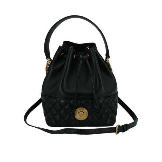 Versace Elegant Black Leather Medusa Bucket Shoulder Bag