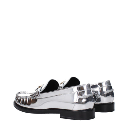 Versace Gray Leather Slip-On Loafers with metallic effect and front logo, featuring round toe and low flat heel. MPN: 10121231A043021E01V.