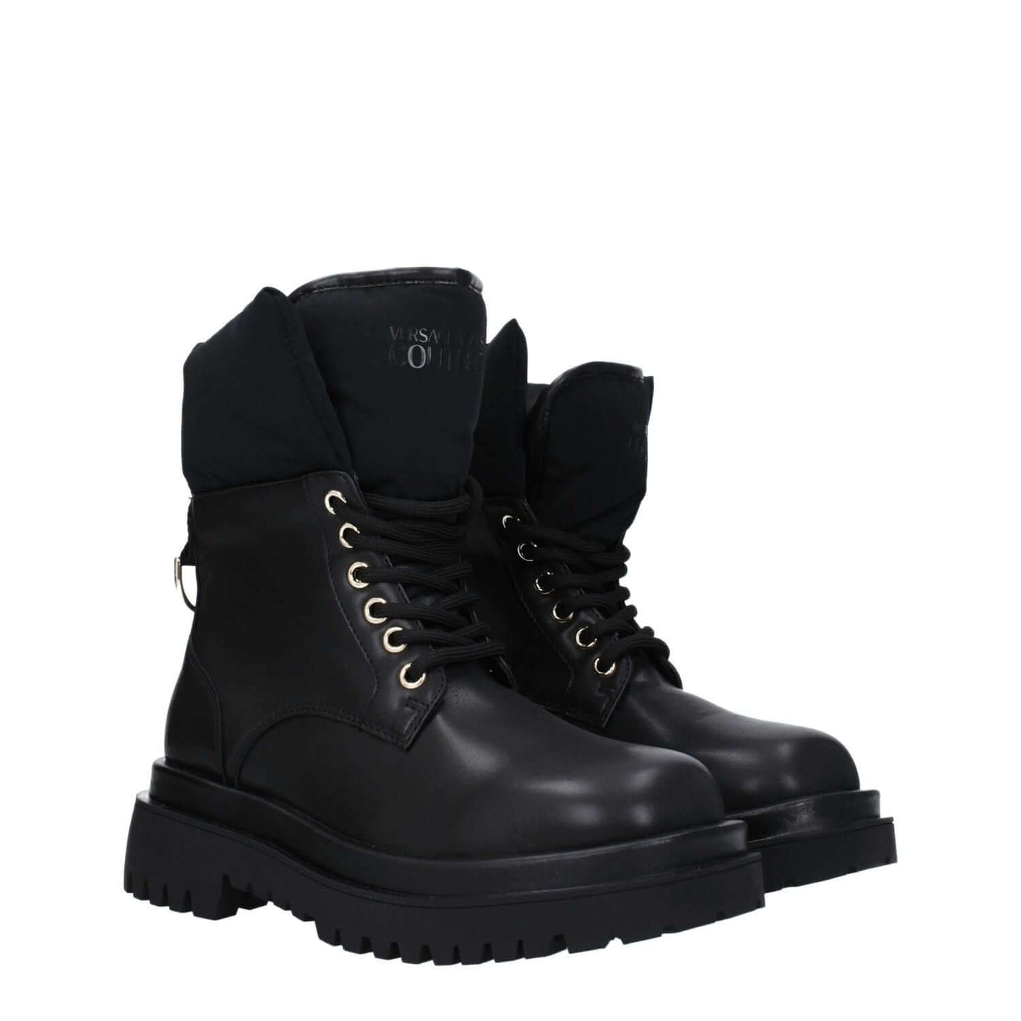 Versace Jeans Black Polyethylene Ankle Boots with lace-up closure and mid heels, round toe style.
