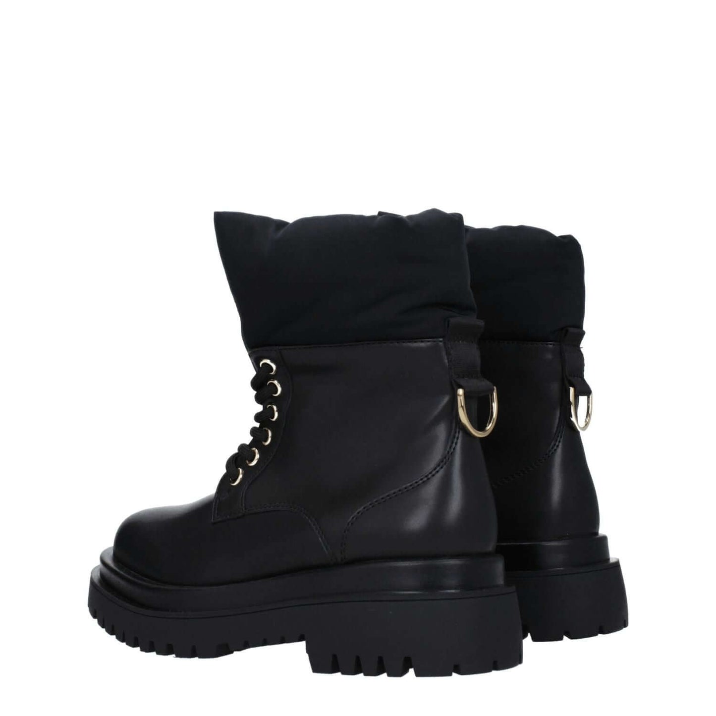 Versace Jeans Black Polyethylene Ankle Boots with lace-up closure, logo detail, and mid heels, featuring a rubber sole and round toe.