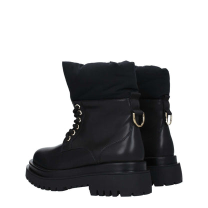 Versace Jeans Black Polyethylene Ankle Boots with lace-up closure, logo detail, and mid heels, featuring a rubber sole and round toe.