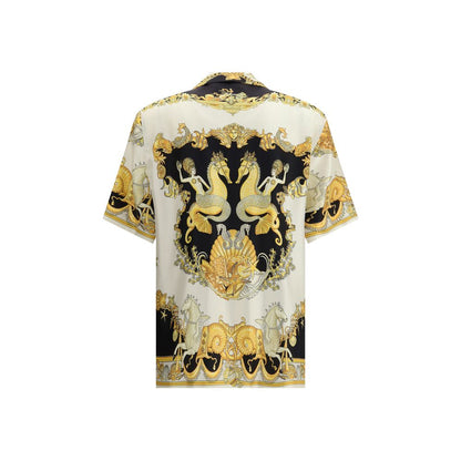 Versace Multicolor Silk Shortsleeve Shirt with corals, shells, and mermaids print, showcases theatrical motifs, regular fit, 100% silk.