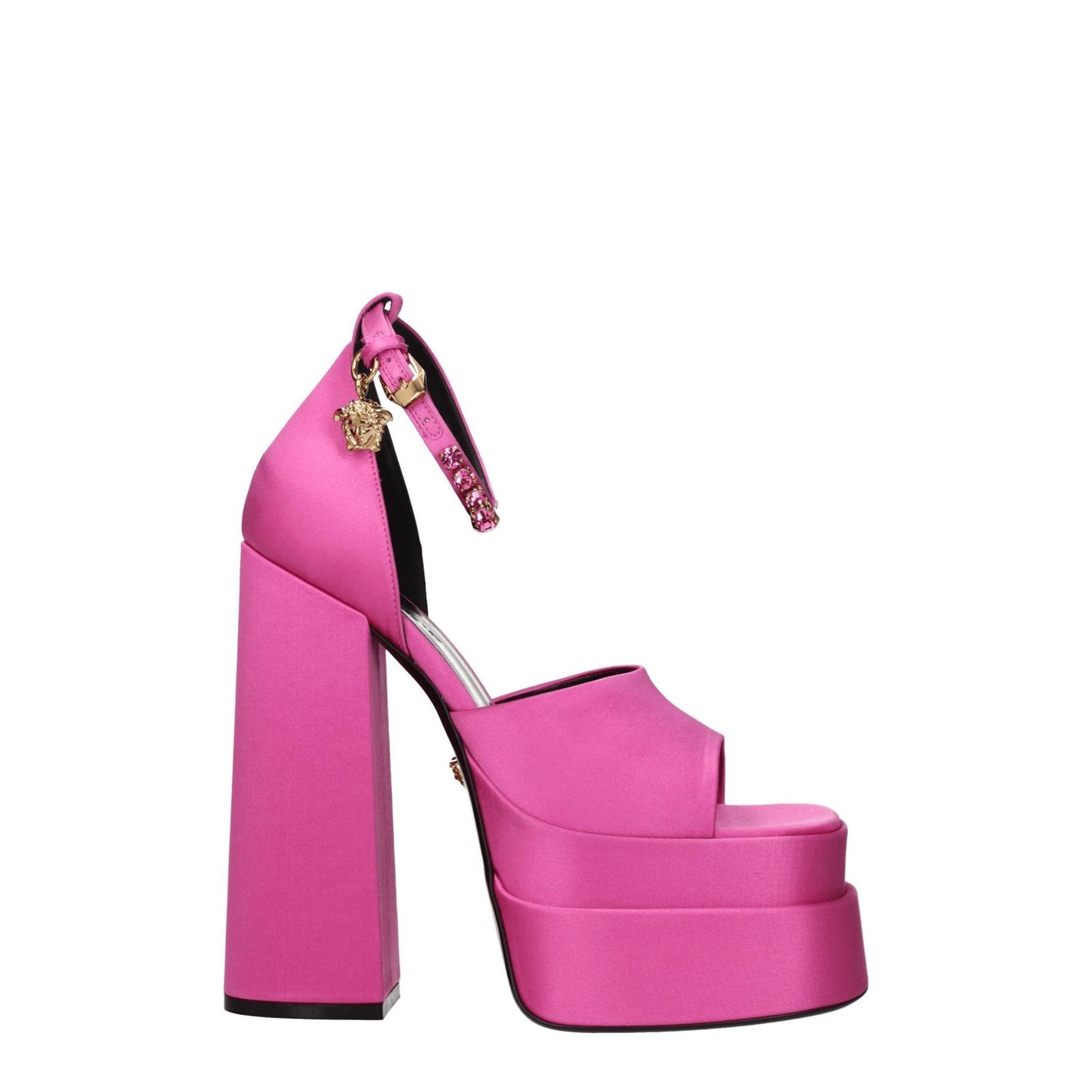 Versace Pink Satin Platform Sandals with high heel, buckle closure, and rhinestone detail, made of satin with open toe design.